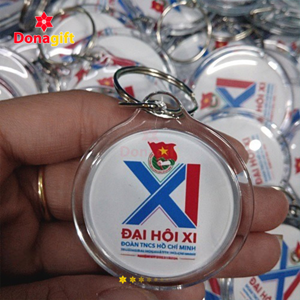 Móc khóa mica tròn in logo đại hội bền đẹp giá tốt