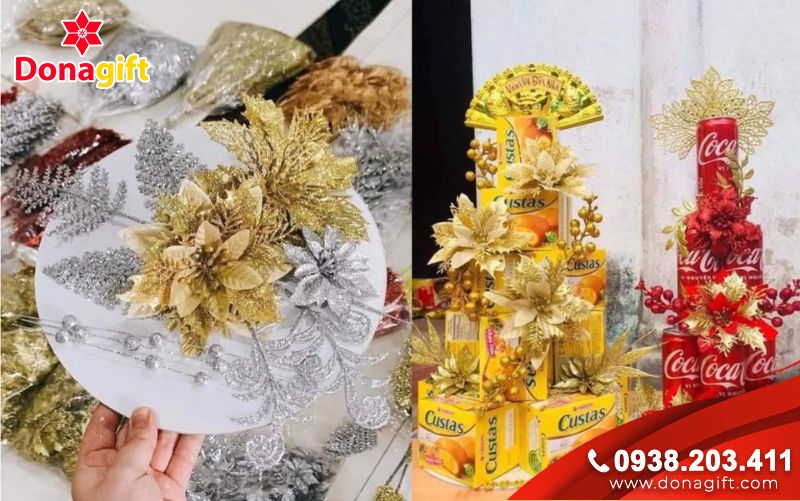Hoa trang trí cho giỏ quà Tết