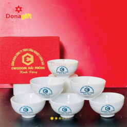 Bộ 6 chén sứ trắng EWISDOM Hải Phòng cao cấp in logo doanh nghiệp tinh tế.