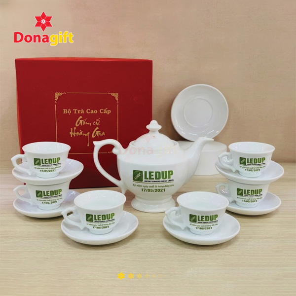 Bộ ấm chén sứ in logo LEDUP quà tặng doanh nghiệp cao cấp