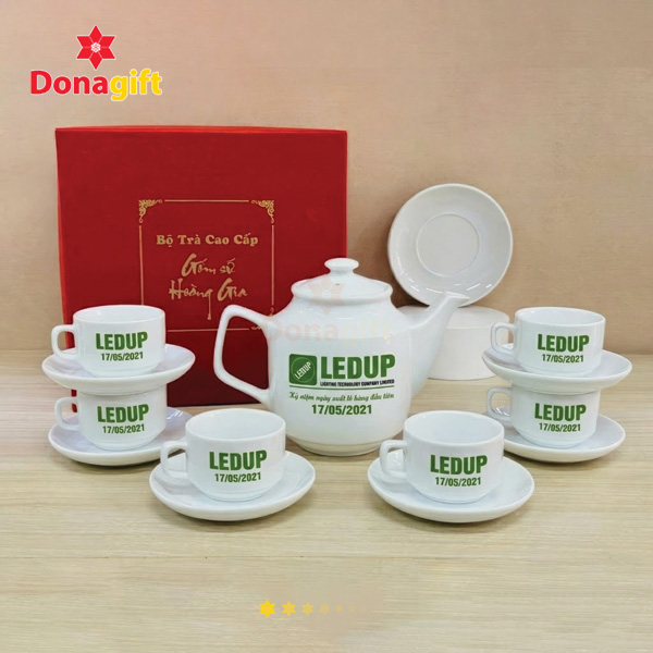 Bộ ấm chén sứ trắng in logo LEDUP thiết kế sang trọng
