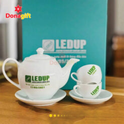 Bộ ấm chén sứ quà tặng in logo LEDUP đẹp và tinh tế