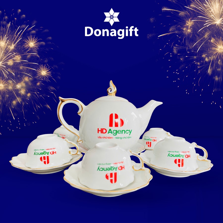 Ấm chén sứ trắng sang trọng viền vàng