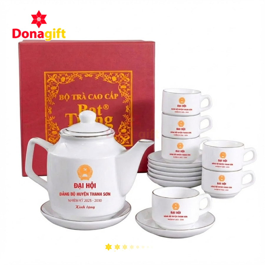 Bộ Ấm Chén Sứ Trắng In Logo