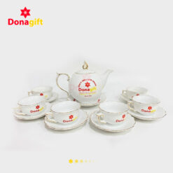 Bộ ấm chén sứ trắng viền vàng in logo Donagift