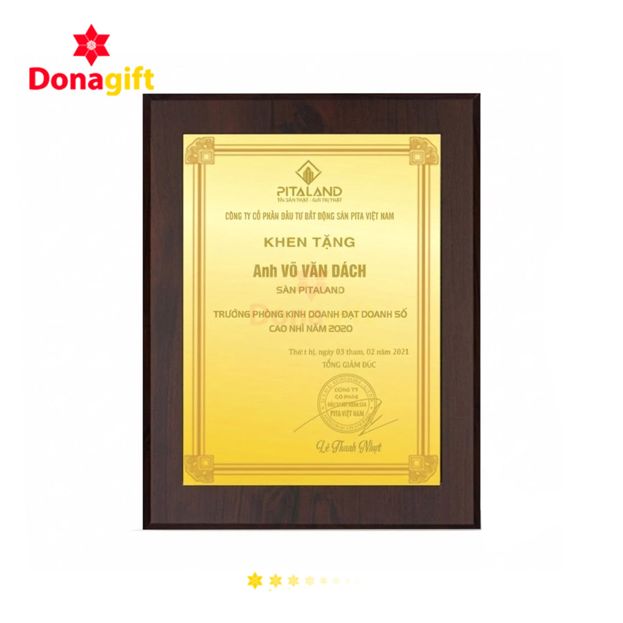 Bảng Khen Mica Gỗ Mạ Vàng Khắc Chữ