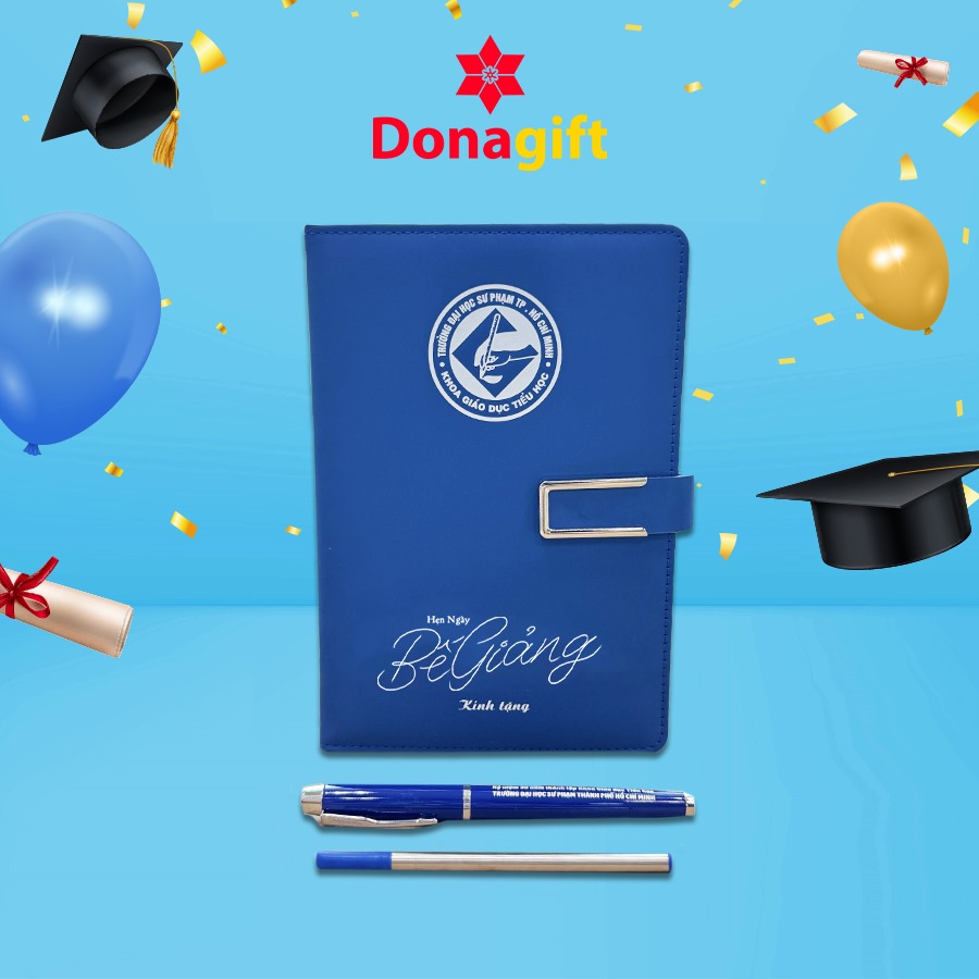 Sổ bìa da kèm bút in logo – Quà tặng bế giảng