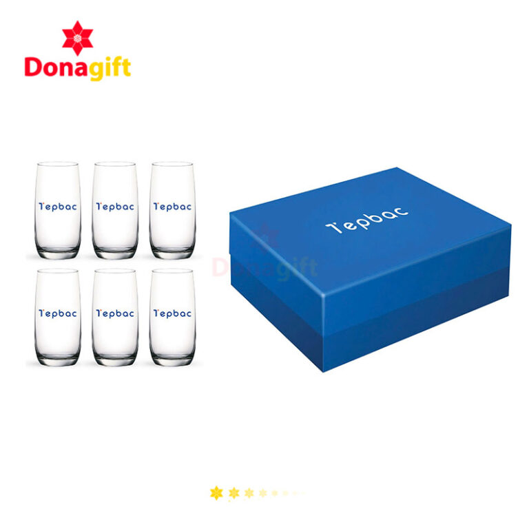 Bộ 6 ly thủy tinh in logo Tepbac kèm hộp quà sang trọng