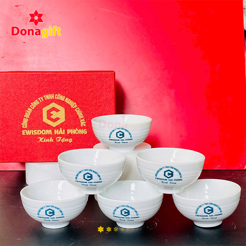 Bộ 6 chén sứ trắng in logo kèm hộp quà EWISDOM Hải Phòng
